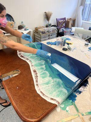 Ocean resin art on a table