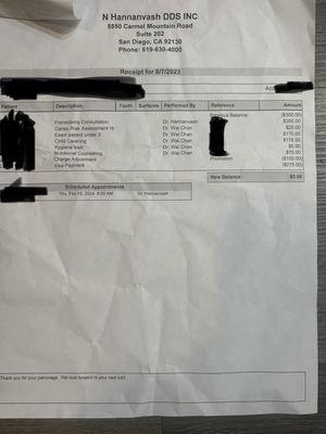 This is the bill- consultation was $300 and the dental exam for my almost 2 year old was just under $300.