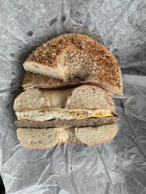 Egg Sandwich with Sausage on an Everything Bagel