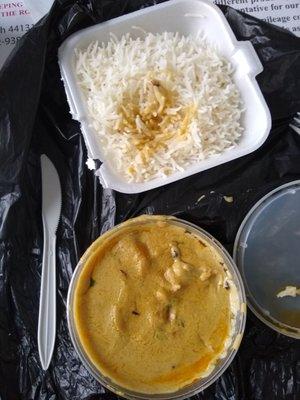 Chicken Korma with rice.  My dad tried some of it and IMMEDIATELY told me to eat it myself