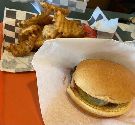 Classic Cheese Burger - on the smaller side but my kid enjoyed it. Waffle Fries in the background