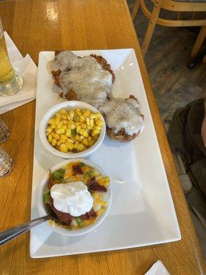 Chicken fried steak, loaded mashed potatoes, Mexican corn