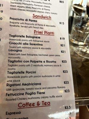 Pasta menu