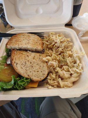 Roast beef sandwich and tuna macaroni salad