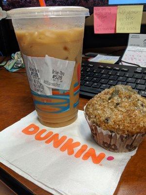 Iced Caramel Coffee w/ Espresso shot and Blueberry Muffin