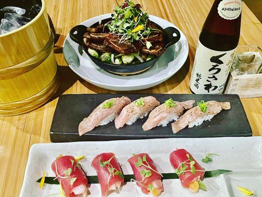 Wagyu Nigiri, Yellowtail, salmon crab stick, avocado wrap with tuna