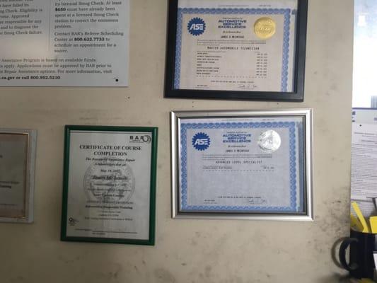 Jim has many certificates posted up on his wall.