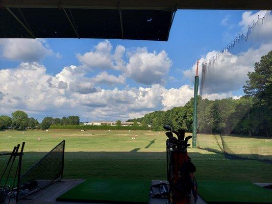 The range is covered and in the shade in the afternoon. Best place to groove your swing in this heat