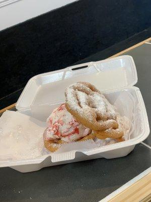 Brand new mini funnel cake slider with hand dipped strawberry short cake ice cream with powder sugar