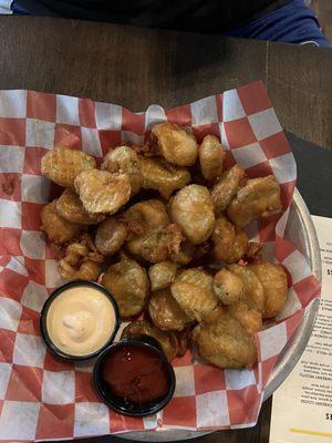 Fried Pickles with chipotle sauce and ketchup