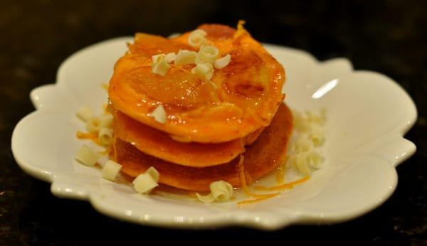 Peach Mimosa Pancakes - Orange Peach Champagne Pancakes with Peach Champagne Glaze, White Chocolate Curls and Orange Zest