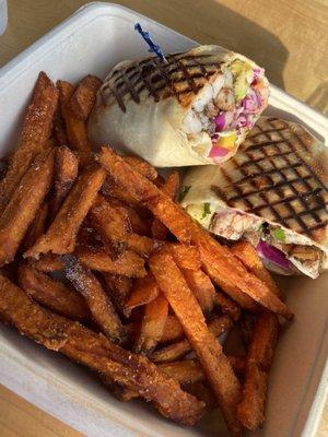 king shrimp wrap and sweet potato fries