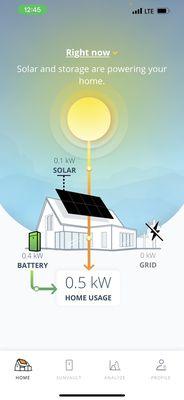 Sunpower app. Showing how back up batteries & solar panels are providing energy for my house.