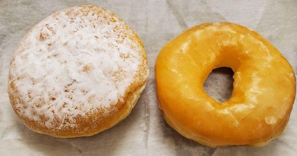 Custard filled donut ($3.09) on da left, and glazed donut ($2.15) on da right.