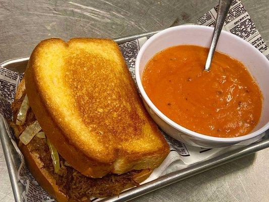 This is our grilled cheese and tomato soup, add barbacoa!  Come try it out!