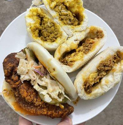 Chicken curry bao, chorizo egg and cheese bao, Nashville hot chicken bun