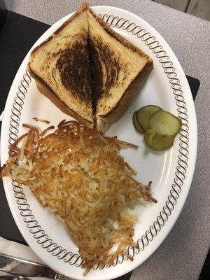 Texas Bacon Patty Melt w/ hashbrowns.