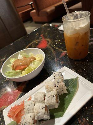 Salad with peanut dressing, jb roll, and Thai tea