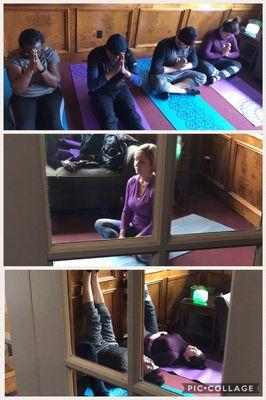 Indoor collage of a yoga session.