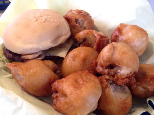 Swiss mushroom burger and fried mushrooms... Soooo yummy!!