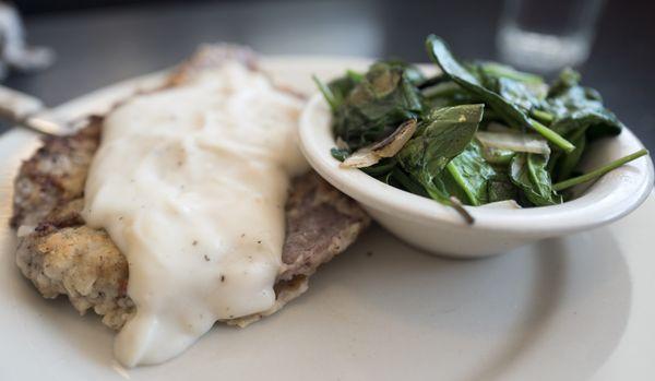 Chicken fried steak with spinach