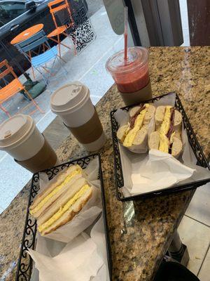 Sandwiches, two coffees, Razzle Dazzle Smoothie