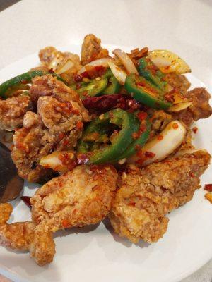 Spicy crunchy salt and pepper fried pork chops...very addicting and not too spicy.