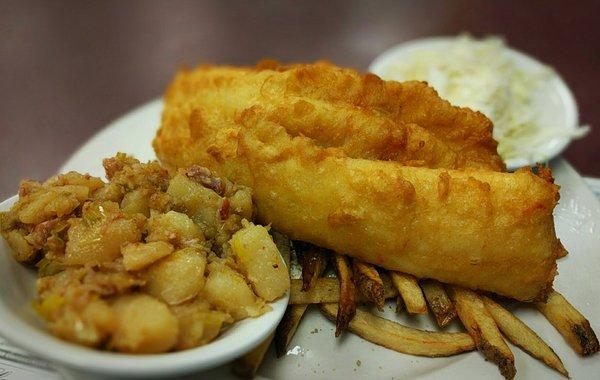 Crispy, delicious beer-battered fish, hearty German potato salad and great fries.