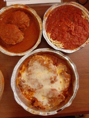 Chicken parm, meatballs, spaghetti