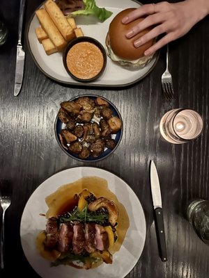 Polenta Fries, Electric Lemon Cheeseburger, Dry Aged Duck, Crispy Sunchokes and Shiitakes