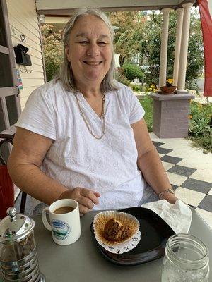 Pumpkin chocolate chip muffin and French press covfefe on the porch