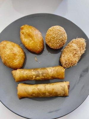 Fried mochi Pork dumpling, sesame seed ball, taro puff, Egg roll