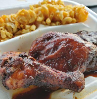 BBQ chicken plate with mac n cheese