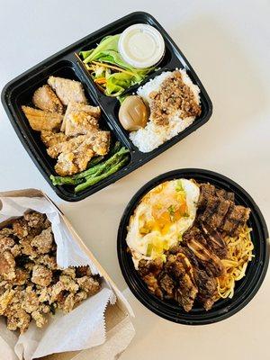 Fried Pork Chop Bento Popcorn Chicken Noodle with Black Pepper Sauce + Meat (Sweet Short Ribs)