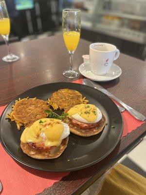 Eggs Benedict w hash browns, mimosa, and great coffee - so, so good