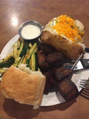 Maxey's Special.  Select choice sirloin cut and marinated in a fabulous curry sauce and then deep fried with a loaded potato and zucchini.