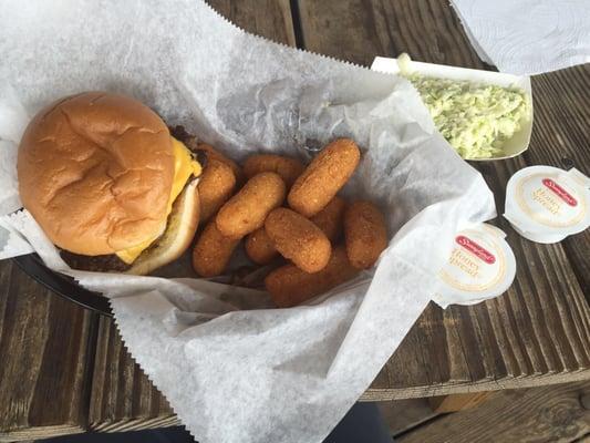 Cheeseburger with hush puppies and slaw