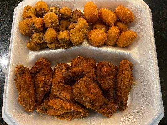 Wings, okra, and corn fritters.