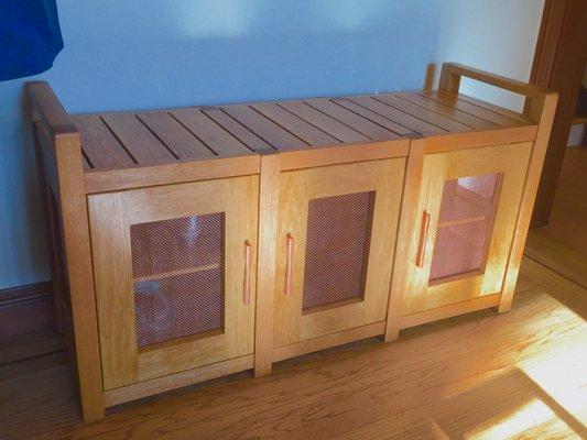 White Oak Shoe Storage Bench with Copper Screen, Pulls, and Soft Close Hinges.