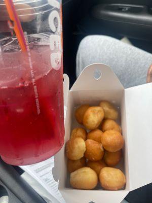 Raspberry Watermelon Dunkin Coconut Refresher and glazed munchkins