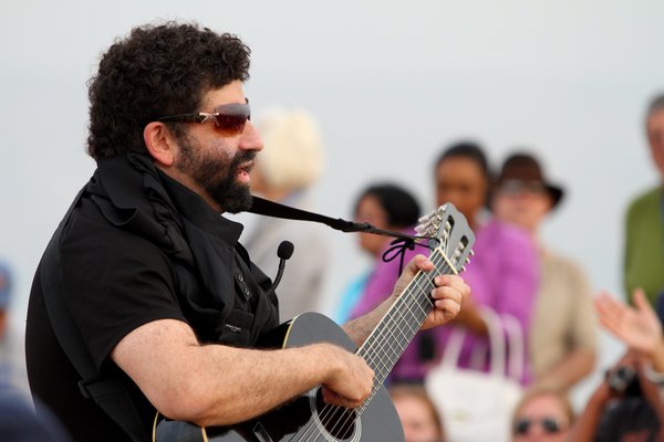 Rabbi Jonathan Cahn, leading his mega Israel tour group in worshiping the Lord on the shores of the Mediterranean Sea.