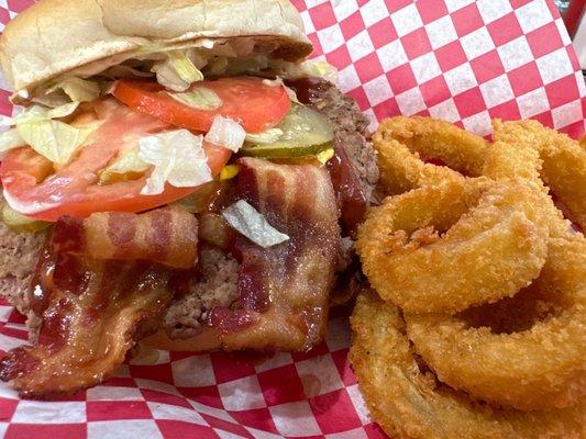 Jaws Sweet bbq sirloin burger with order of onion rings