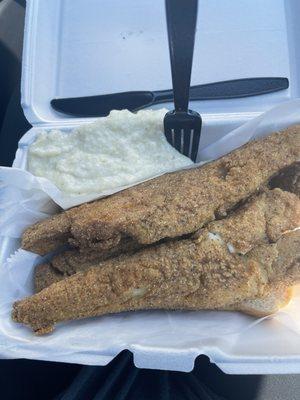 Fried Fish & Grits delish. Grits were thick, seasoned well and creamy! Fish was fresh and crunchy!