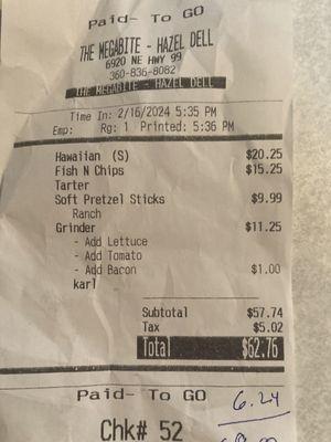 Our take-out bill for 2 people