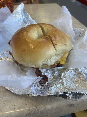 Beacon egg and cheese on a plain bagel