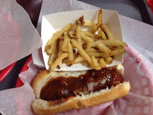 A chili onion dog, with fries left over when I decided to snap pic.