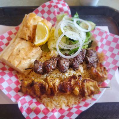 Chiken and Beef Kabob with Rice, Salad, and Garlic bread