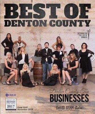 David Ryan salon of flower mound Texas made the cover of best of Denton county for 2017. Thank you staff and clients for making this happen.