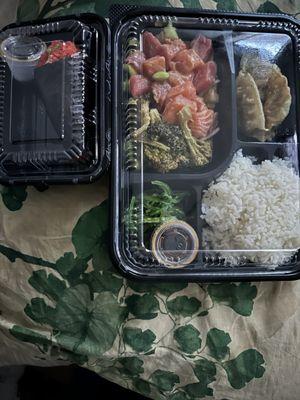 Spicy tuna handroll, spicy poke bento box