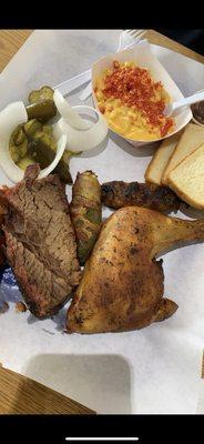 Brisket, chicken, pork ribs, Buffalo turds (poppers), Mac-attack